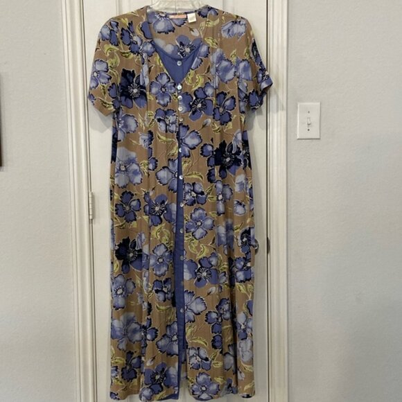 In perfect condition Floral Button-Down Dress with Blue and Tan Accents - Picture 2 of 7